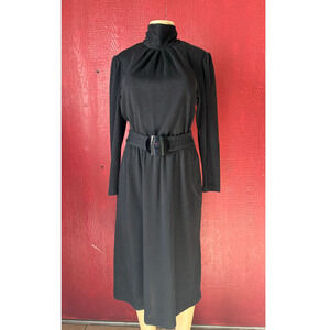 Vintage 70s Black High Neck Long Sleeve Belted Dress Pellini  Von Bramlett USA